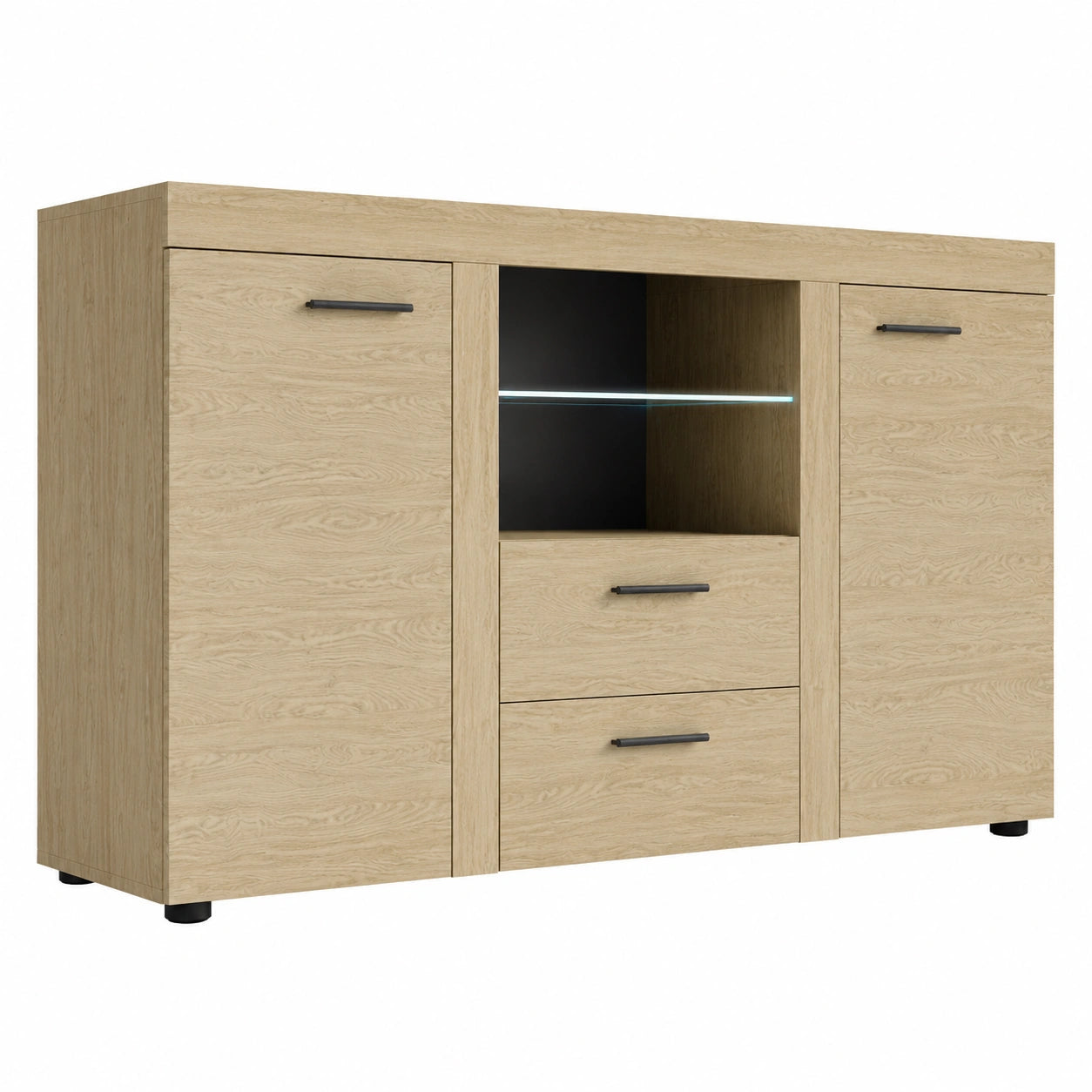 Moderne Kommode Rango aus Eichenholz mit LED-Beleuchtung, Sideboard mit Glasboden und Stauraum, Mehrzweckschrank in Naturt?nen
