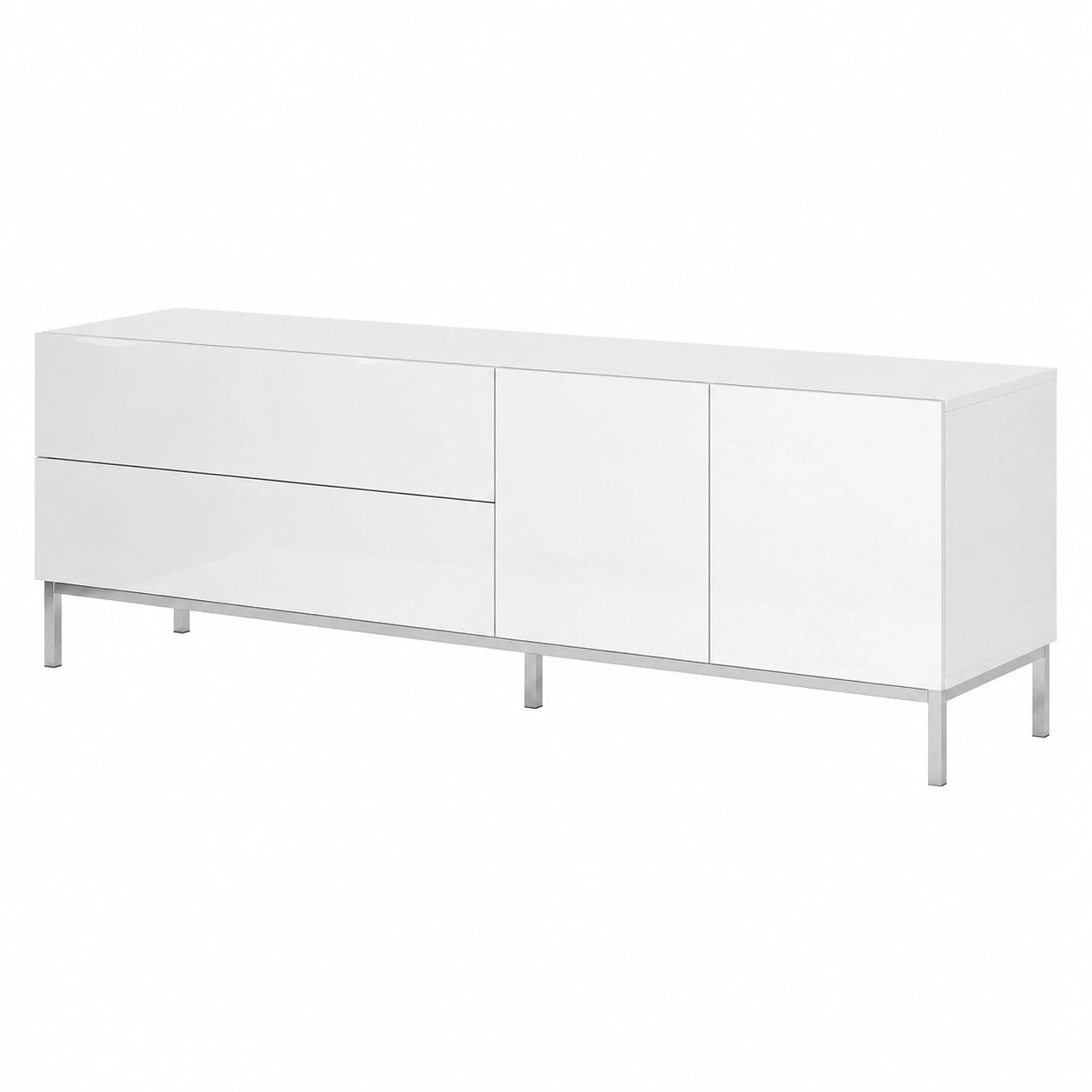 Moderner TV-Schrank in Hochglanz Wei? mit LED-Beleuchtung, passend f¨¹r Fernseher bis 80 Zoll, inklusive Schubladen und T¨¹ren, Ma?e 160 x 40 x 54,5 cm, mit verchromten F¨¹?en