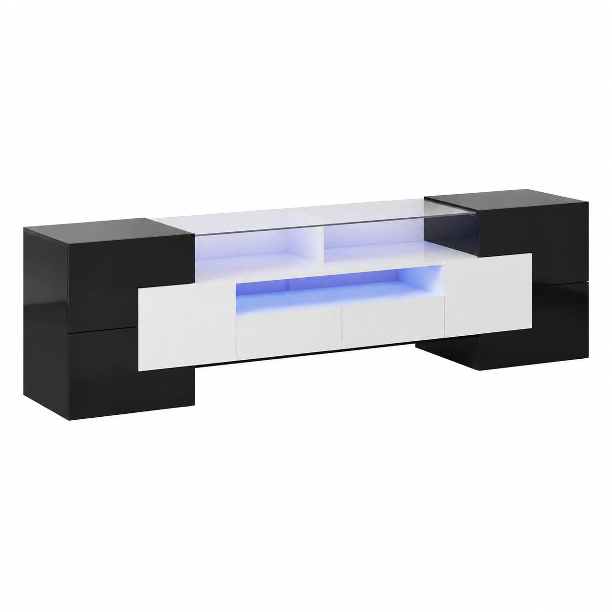 Moderner TV-Schrank 200 cm mit LED-Beleuchtung, passend f¨¹r Fernseher bis 85 Zoll, Hochglanz Lowboard mit T¨¹ren und Schubladen, Wei?-Schwarz