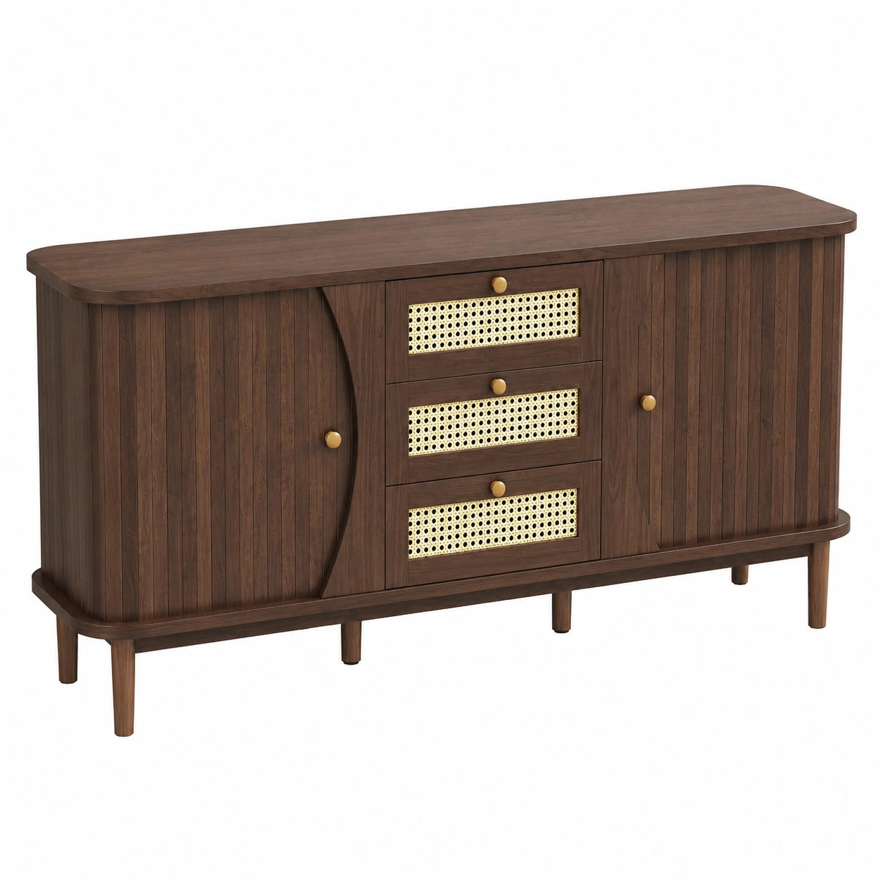 Merax Vintage Sideboard aus Holz mit Rattan-Schubladen und Schiebet¨¹ren, anpassbare Regale, Walnuss, 140,5x40x76cm