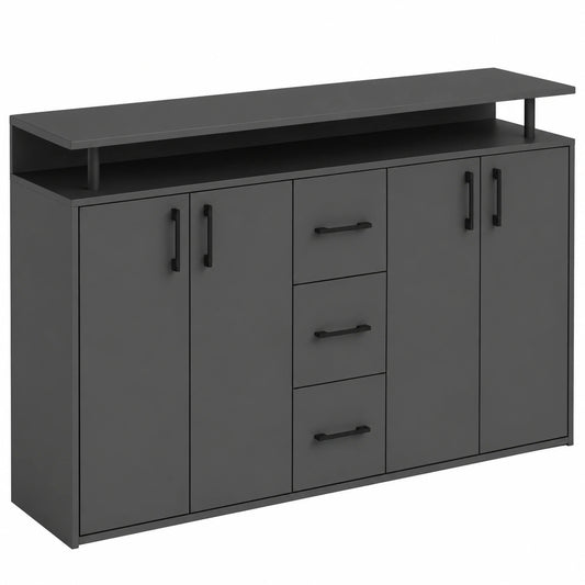 Moderner Hochkommode in Anthrazit mit Regal, Schubladen und gro?em Stauraum f¨¹r Wohnzimmer - 139 x 90 x 34 cm