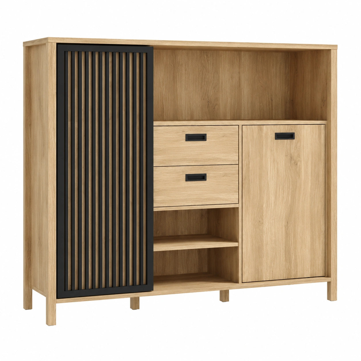 Skandinavischer Schrank mit 2 Schubladen und 3 Regalf?chern, Mauvella Eiche/Schwarz, 150x130x40 cm