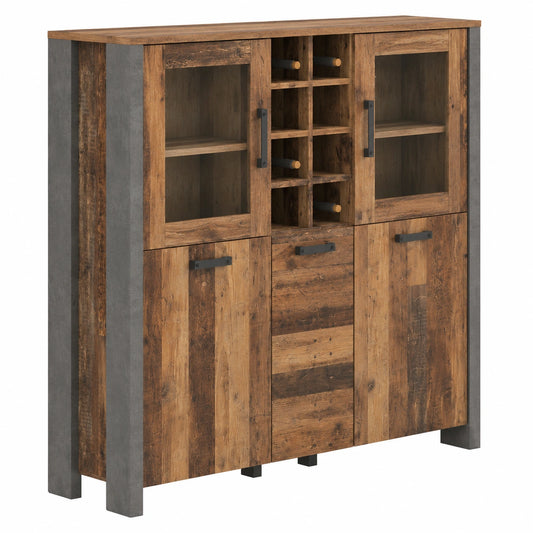 Hochschrankvitrine FORTE mit 3 T¨¹ren und 2 Glast¨¹ren, Holzwerkstoff, Old-Wood Vintage, Betonoptik Dunkelgrau, 151,3 x 125,4 x 41,5 cm
