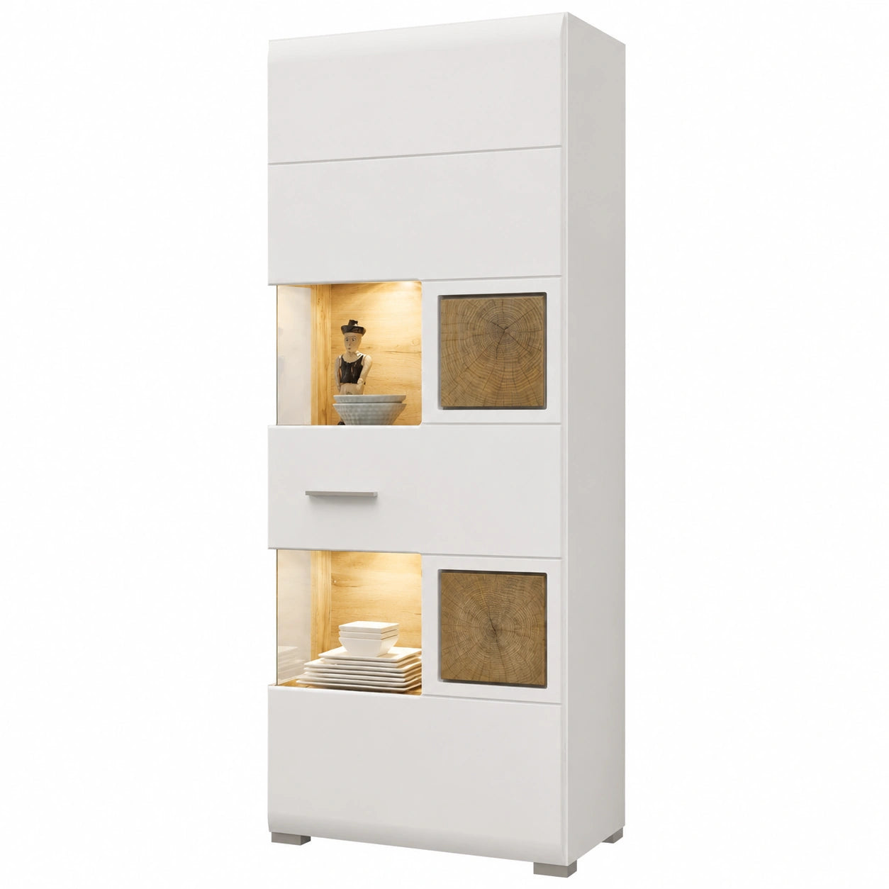 Stella Trading Gro?e Vitrine Wei? mit Eichenholz-Details und LED-Beleuchtung - Modernes Design 65x205x37 cm