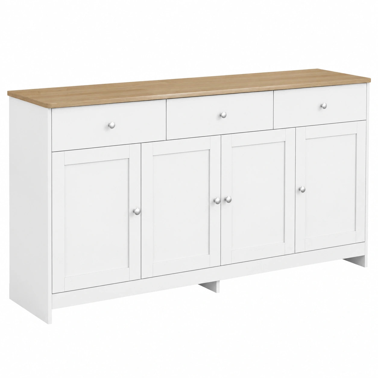 Wei?es Sideboard mit Holzoptik, K¨¹chenschrank mit 3 Schubladen und 4 T¨¹ren f¨¹r Wohnzimmer, Esszimmer oder Flur