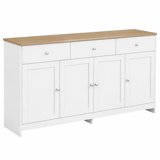 Wei?es Sideboard mit Holzoptik, K¨¹chenschrank mit 3 Schubladen und 4 T¨¹ren f¨¹r Wohnzimmer, Esszimmer oder Flur