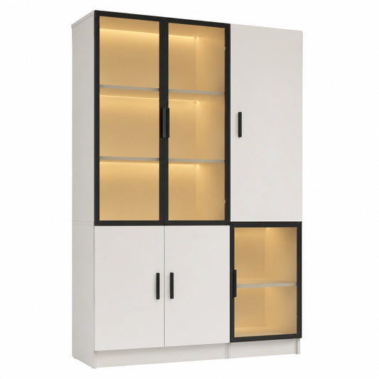 Moderne Glasvitrine mit LED-Beleuchtung und Stauraum, Wei?-Schwarz, 120x35x200 cm