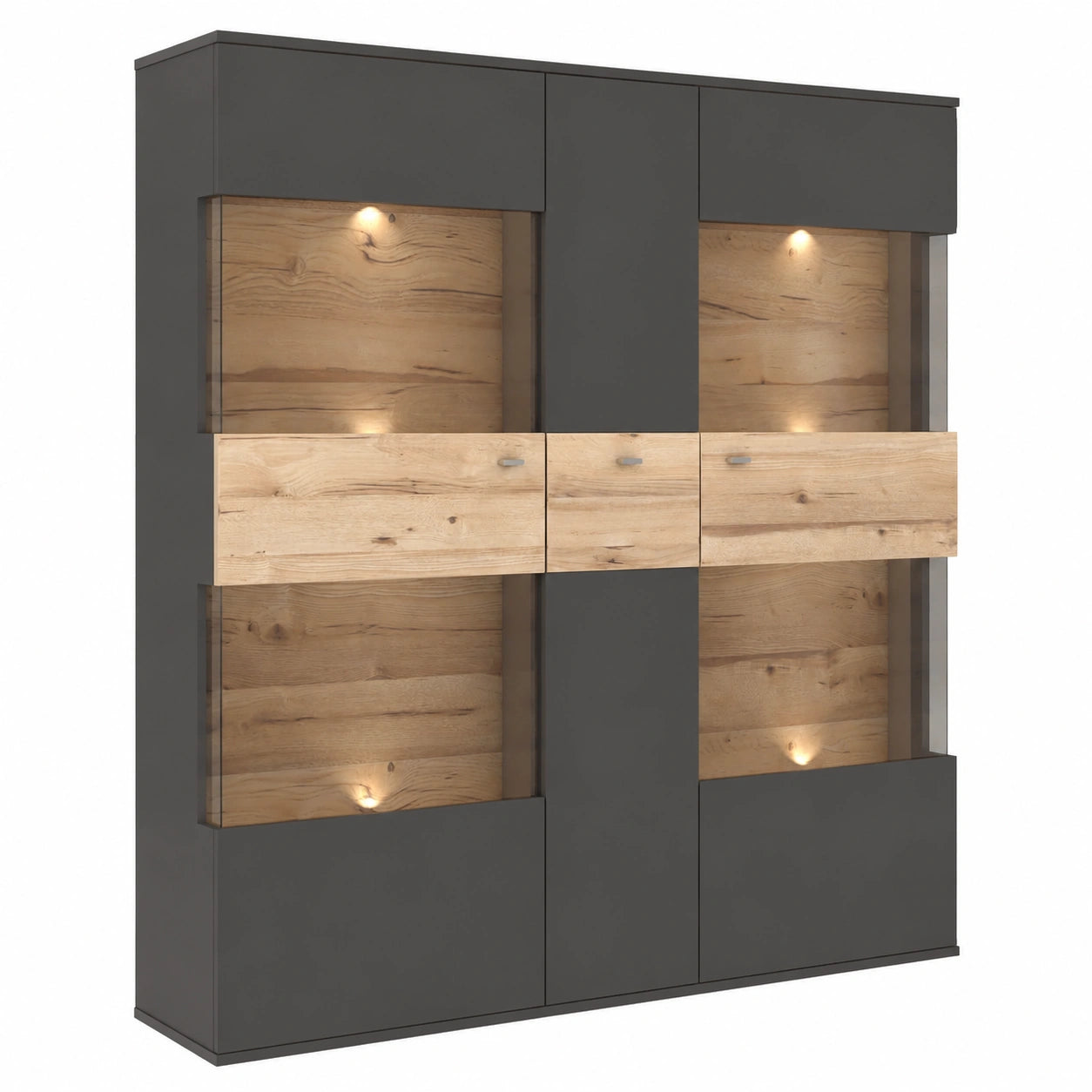 Hochschrank-Vitrine Como mit Glas- und Holzt¨¹ren in Grau und Eiche, 150x152x41 cm
