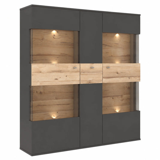 Hochschrank-Vitrine Como mit Glas- und Holzt¨¹ren in Grau und Eiche, 150x152x41 cm