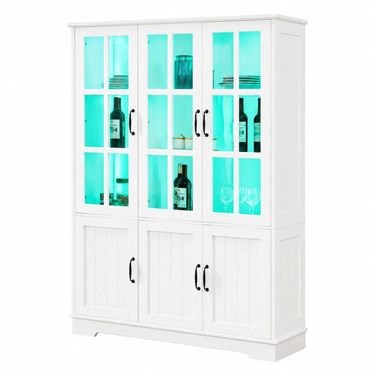 LUXOAK Hoher Vitrinenschrank mit LED & Retro-Griffen, Wei?, 6 T¨¹ren & 8 B?den, Modernes Design f¨¹r Wohn- und Esszimmer
