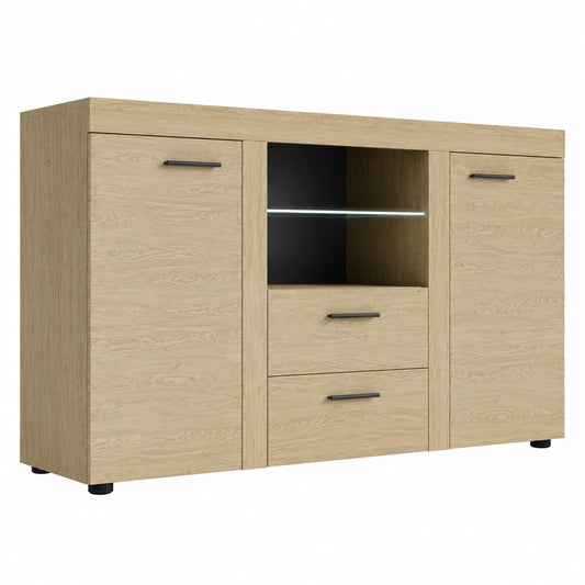 Moderne Kommode Rango aus Eichenholz mit LED-Beleuchtung, Sideboard mit Glasboden und Stauraum, Mehrzweckschrank in Naturt?nen