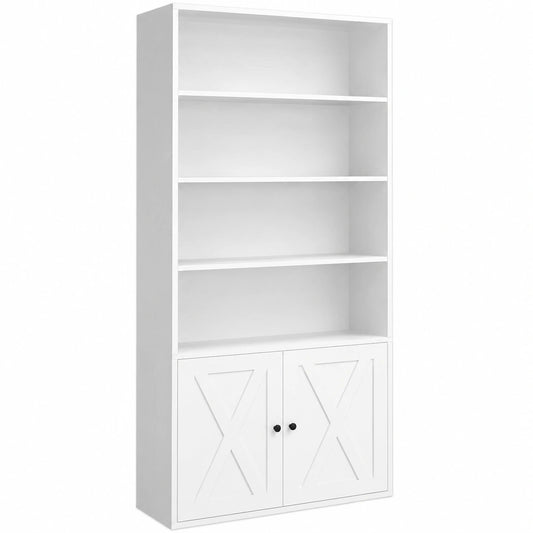 Wei?es IRONCK B¨¹cherregal mit T¨¹ren, 6-stufiges Holzregal, offenes Regal f¨¹r Wohnzimmer, B¨¹ro, Esszimmer und Schlafzimmer, 24x60x180 cm