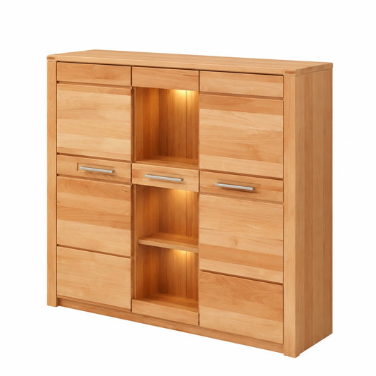Modernes Highboard aus Kernbuche mit LED-Beleuchtung und FSC-Zertifizierung - Viel Stauraum, 127 x 137 x 40 cm