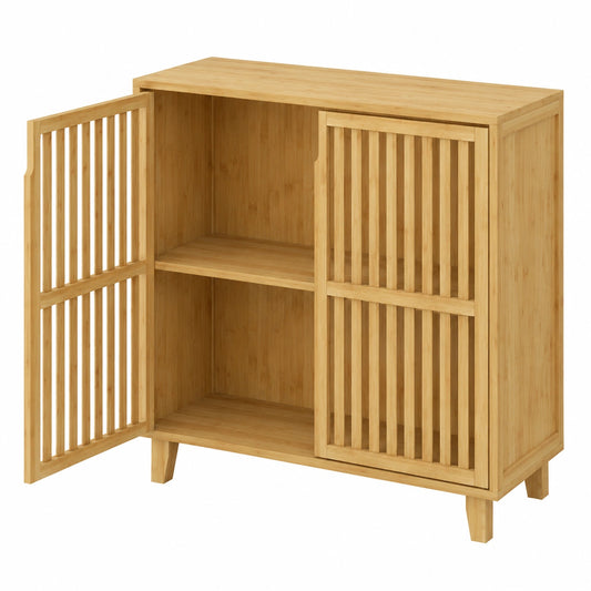 Badezimmerschrank Sirgerg aus Bambus mit 2 T¨¹ren und 2 F?chern, 77 x 72 x 33 cm