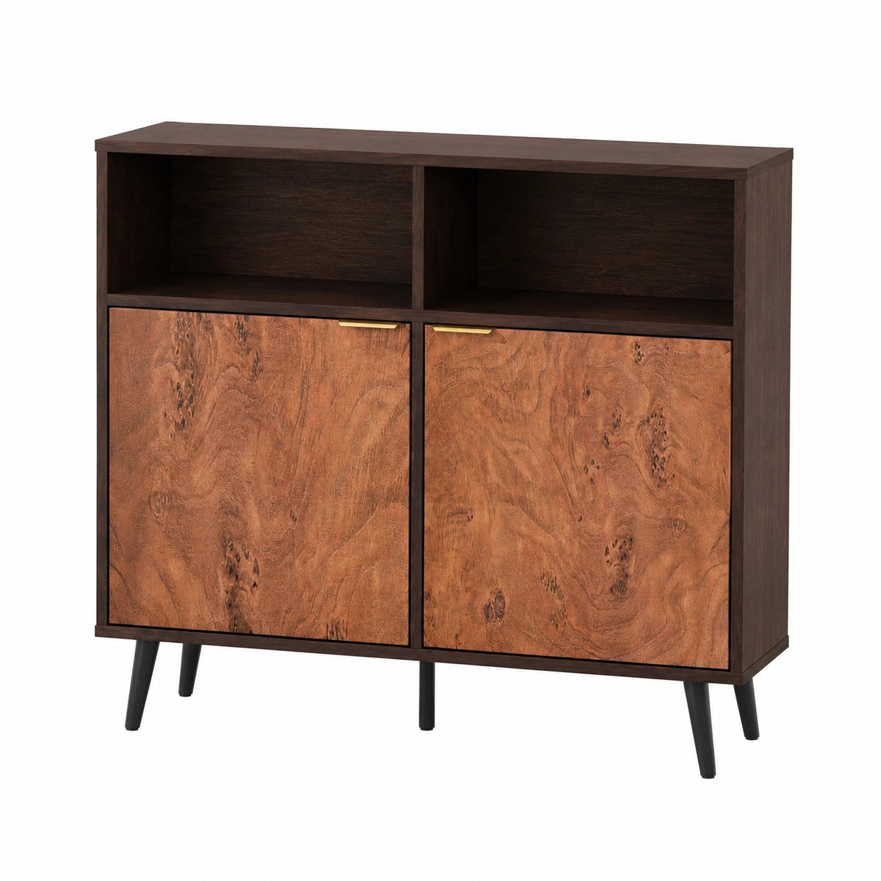 Mid-Century Sideboard in Walnussoptik mit T¨¹ren und offenen F?chern, Universalschrank f¨¹r Wohnzimmer, Flur und B¨¹ro, 80x40x80 cm