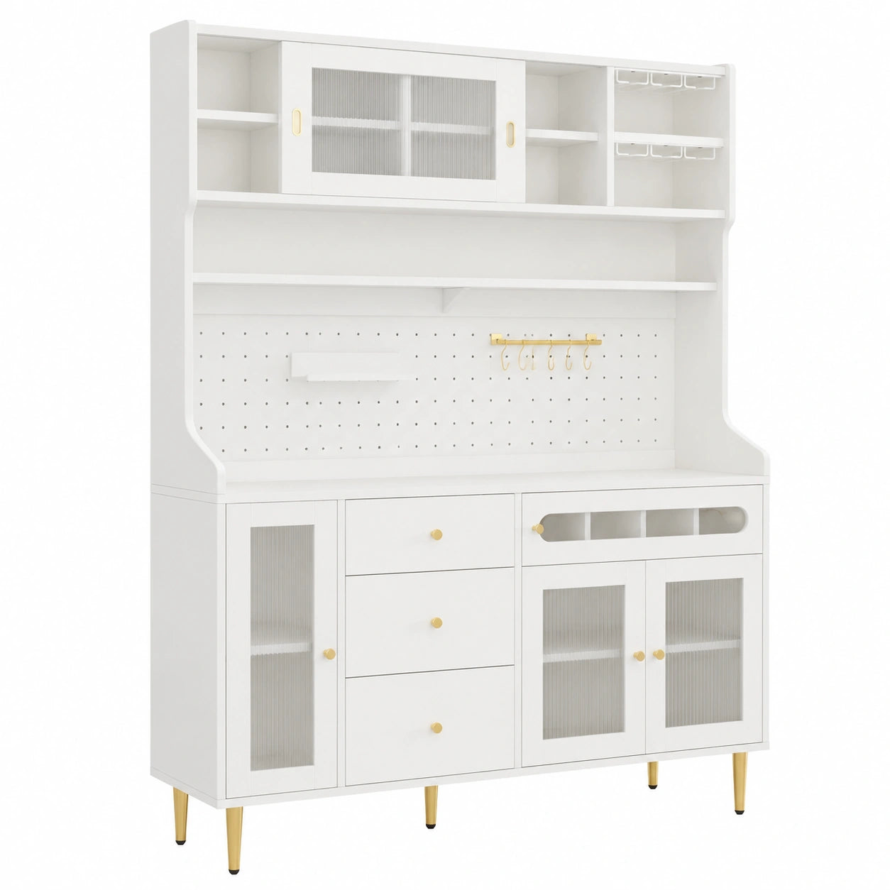 Eleganter Buffetschrank mit LED, Weinregal und verstellbaren Einlegeb?den, K¨¹che & Wohnzimmer, Wei?, 145x39x171cm