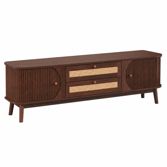 Rustikales TV-Lowboard 170cm mit T¨¹ren und Schubladen, Rattan-Details, Landhausstil, Holzfarbe und Hellgelb