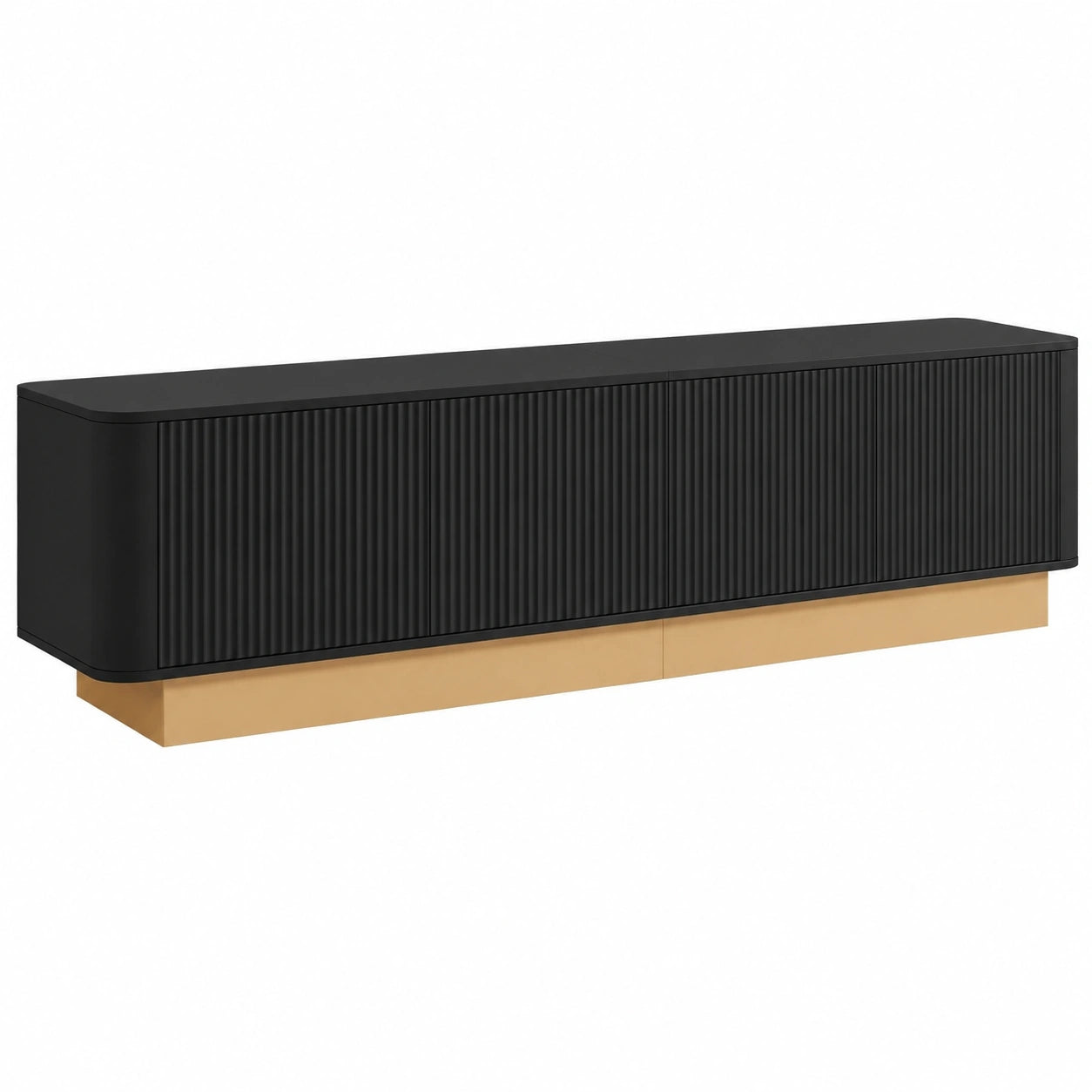Elegantes TV-Lowboard f¨¹r Fernseher bis 85 Zoll mit Stauraum und Texturfront, Schwarzes TV-M?bel mit abgerundetem Design, 200x40x47,5 cm