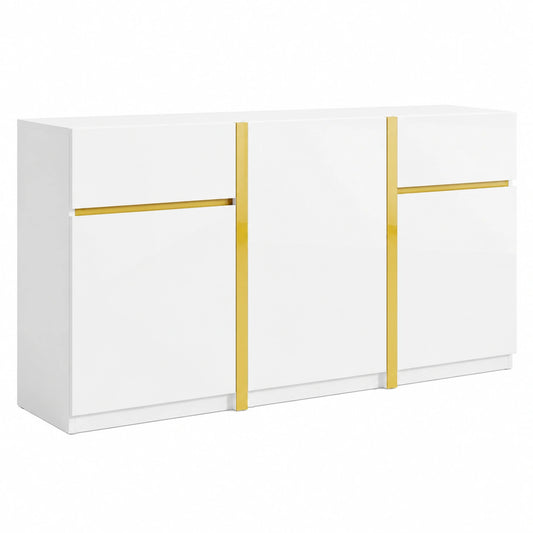 Elegantes Hochglanz-Sideboard in Wei? mit Goldakzenten, 3 T¨¹ren und 2 Schubladen, Idealer Beistellschrank f¨¹r Wohnzimmer, 160x40x78 cm