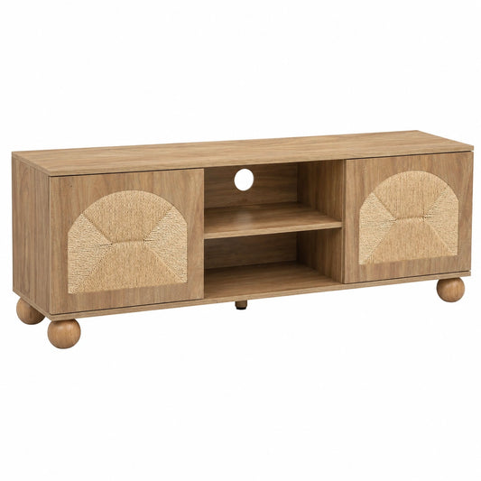 Moderner TV-Schrank aus Massivholz f¨¹r Fernseher bis 65 Zoll, 2 T¨¹ren mit geflochtener Front, nat¨¹rliches Finish