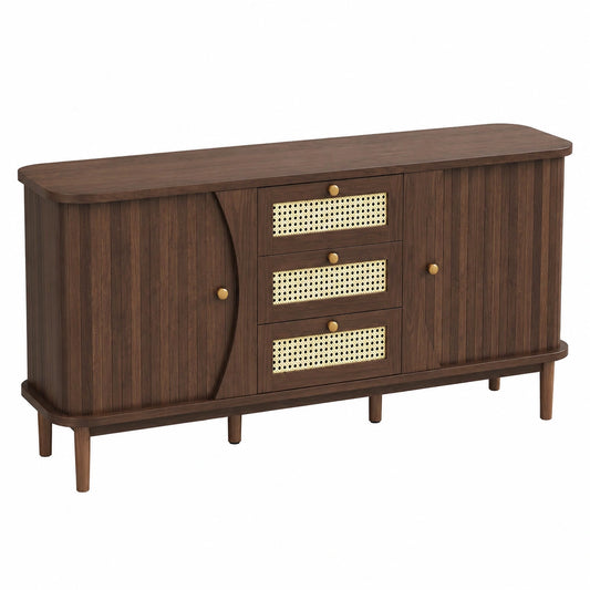 Merax Vintage Sideboard aus Holz mit Rattan-Schubladen und Schiebet¨¹ren, anpassbare Regale, Walnuss, 140,5x40x76cm