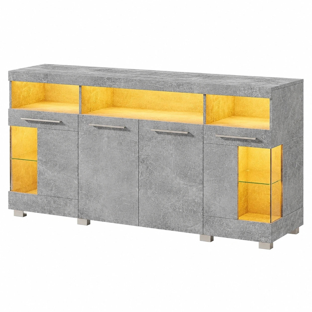 Elegantes Sideboard aus Glas mit LED-Beleuchtung, 3 gro?e F?cher, Grau, 140 x 40 x 70 cm