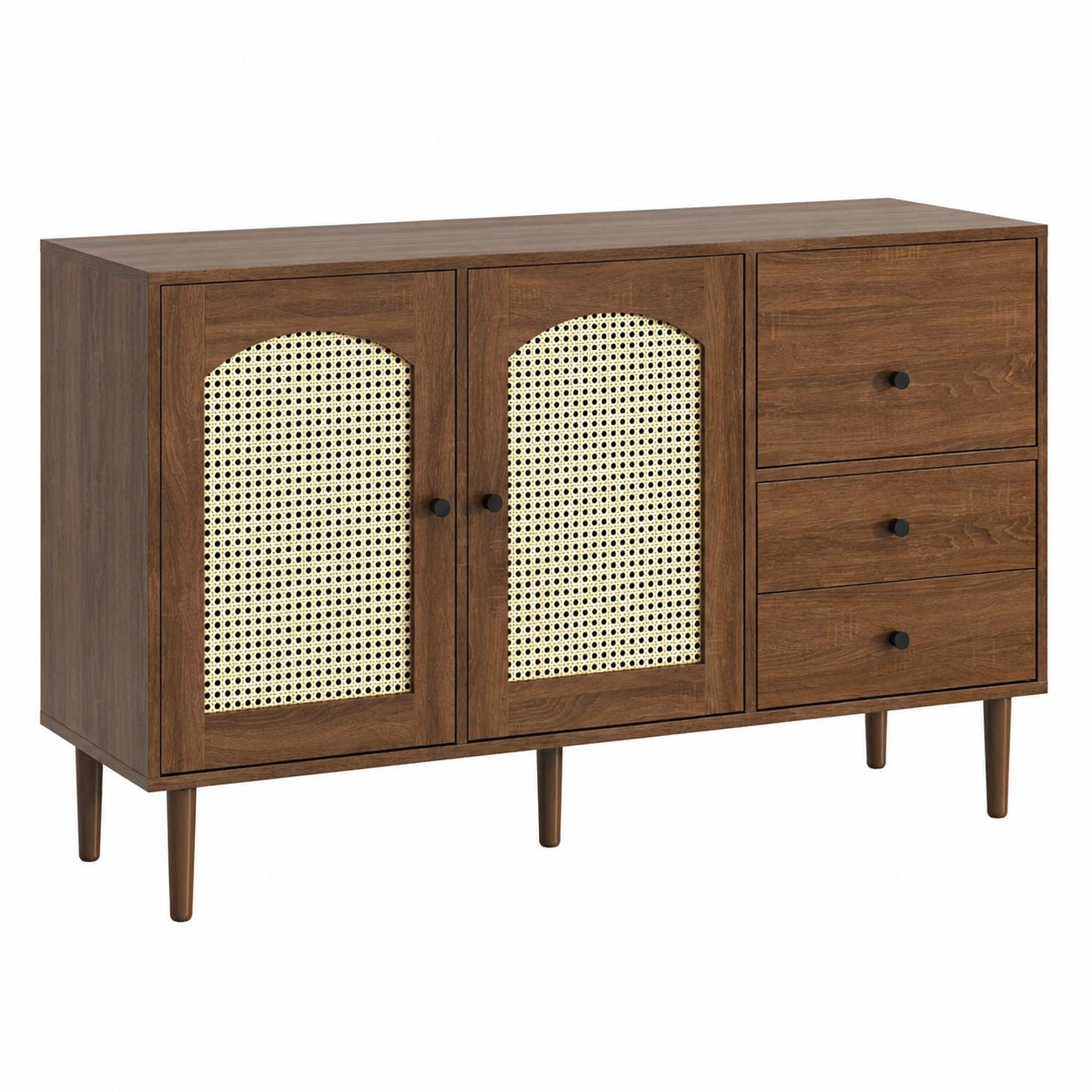 Merax Rattan Anrichte mit 2 T¨¹ren und Schubladen, Walnuss, Verstellbar, 130x40x75,5cm